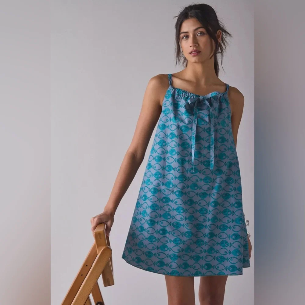 Urban Outfitters BDG Eva Tie-Front Ruched Strap Trapeze Mini Dress Blue Fish NWT - Picture 3 of 5